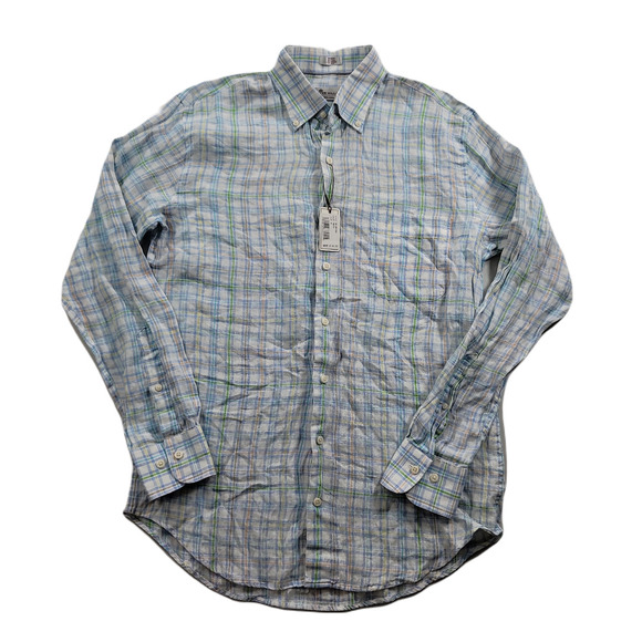 Peter Millar Other - Peter Millar Linen Shirt Men Medium Crown Cool White Plaid Long Sleeve Golf $145